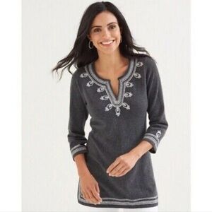 Tommy Bahama Island 100% Cashmere Charcoal Tunic with White Embroidery